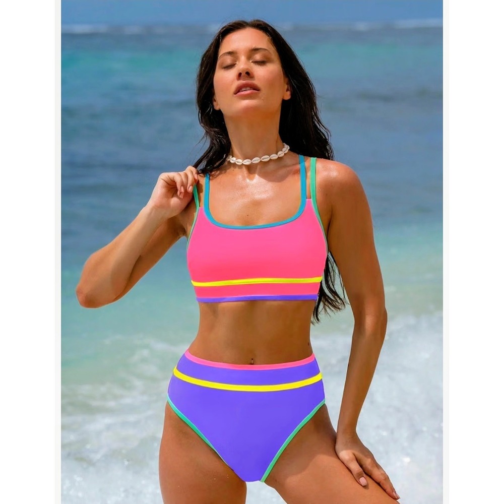 Popvil Neon Colorblock High Waisted Bikini Set Pink Purple Retro Swimsuit Large - Picture 3 of 7